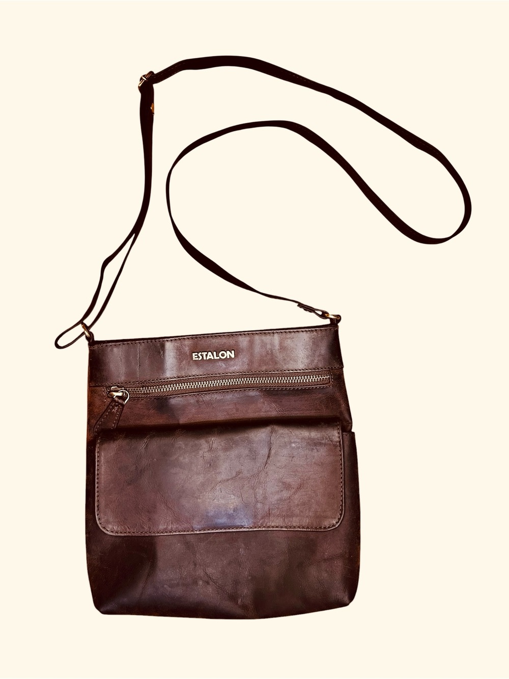 Estalon Dark Brown Distressed Genuine Leather Crossbody Bag Purse